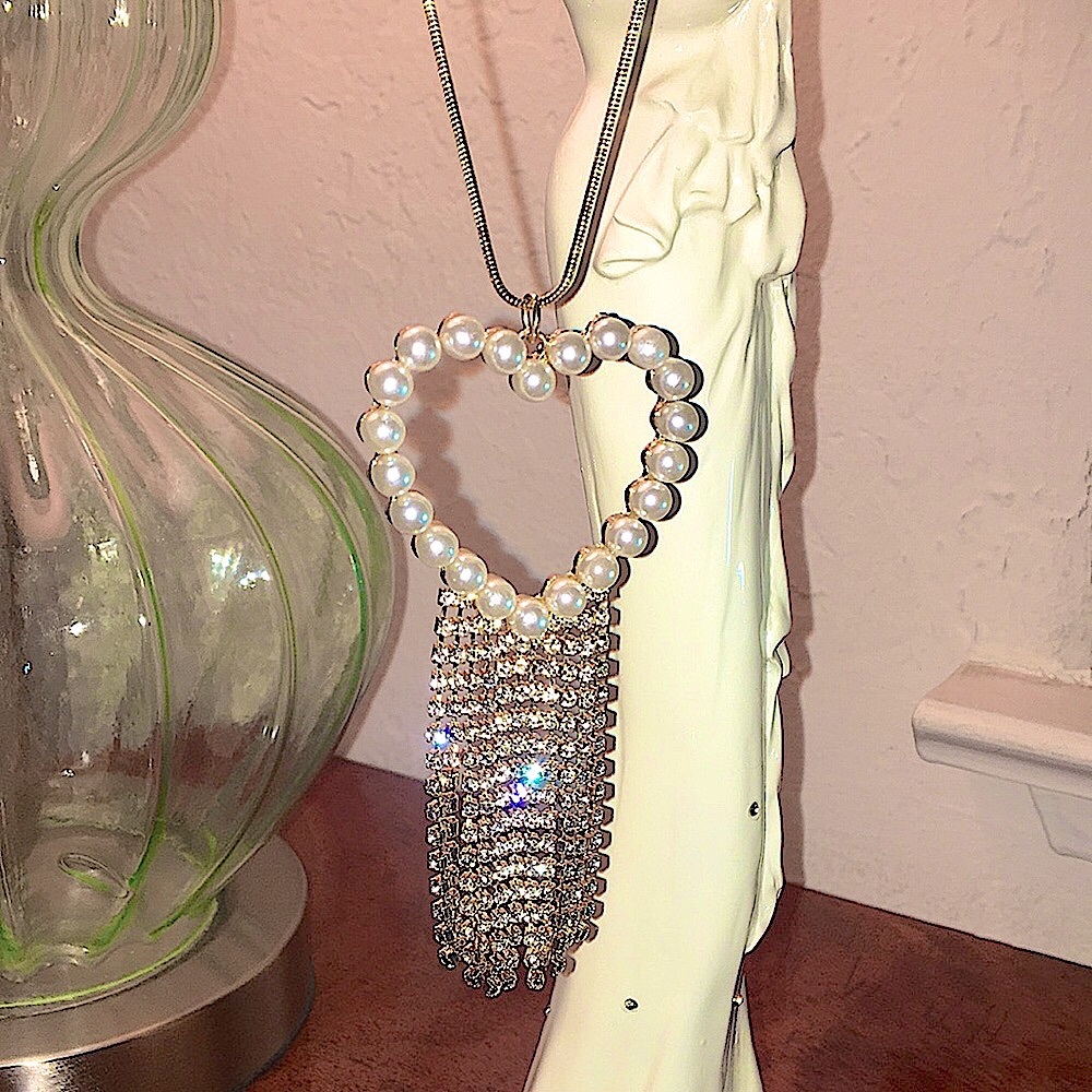 ❤️MACYS HEART GOLDTONE NECKLACE W/PEARL & RHINESTONES